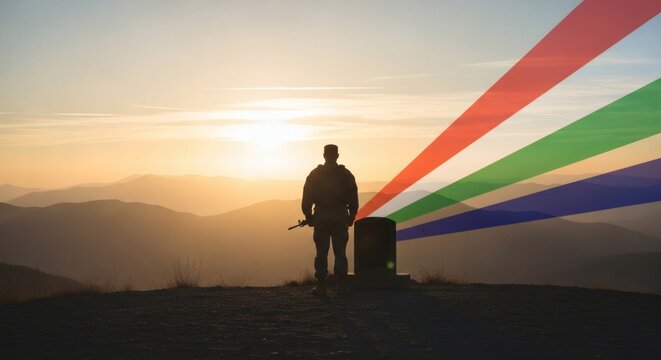 Silhouette of Soldier with Indian Tricolor Light Rays at Sunrise Patriotic Concept