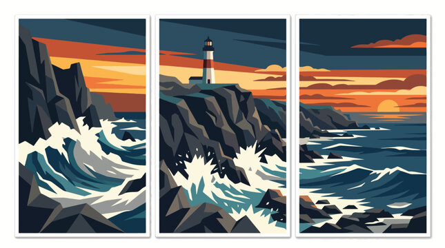 Stylized vector illustration of a scenic coastal lighthouse standing tall on rugged cliffs during a vibrant and colorful sunset horizon
