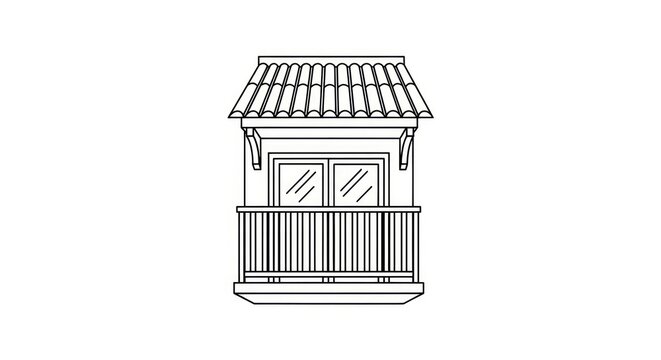Small house with a balcony and roof.