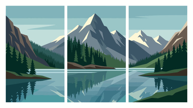 Modern vector illustration of a majestic mountain range landscape featuring pine trees and a calm lake in three panel style