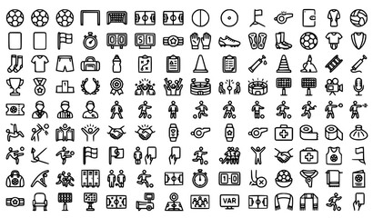 Obraz premium Football Outline Icon Set Vector with Soccer Match Stadium Training Equipment and Championship Editable Stroke Symbols