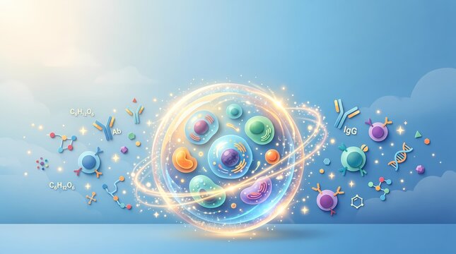Abstract medical illustration showing healthy cells, antibodies, and molecules, representing a strong immune system, cellular health, and protection.