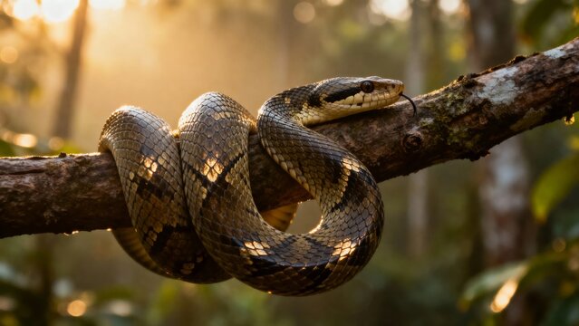 A snake coiled on a tree branch in a forest at sunset