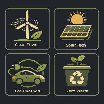 Green energy and eco friendly badges set vector illustration with solar panel windmill electric car and recycling icon