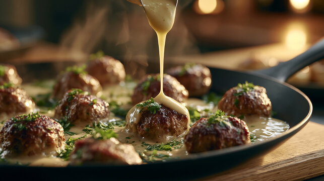 Dynamic focus shot of a chef pouring smooth cream gravy over sizzling roasted meatballs in a black cast iron skillet on a wooden kitchen board.