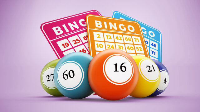 Bingo balls and cards with generic numbers. 3D illustration