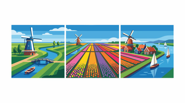Vibrant vector illustration set featuring classic dutch windmills colorful tulip fields and peaceful water canals under a bright blue sky