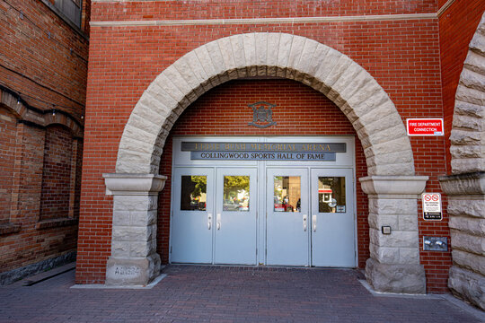 View of Eddie Bush Memorial Arena entrance in Collingwood. Collingwood, Canada - July 6, 2026.