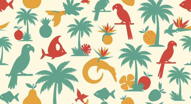Tropical pattern with parrots palm trees and fish.