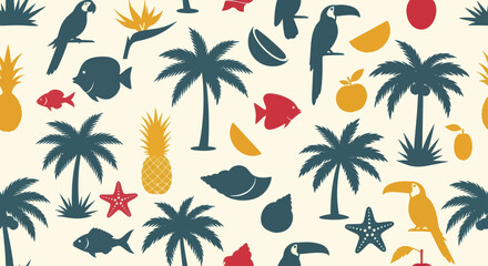 Tropical seamless pattern with palm trees toucans and pineapples. © Baru
