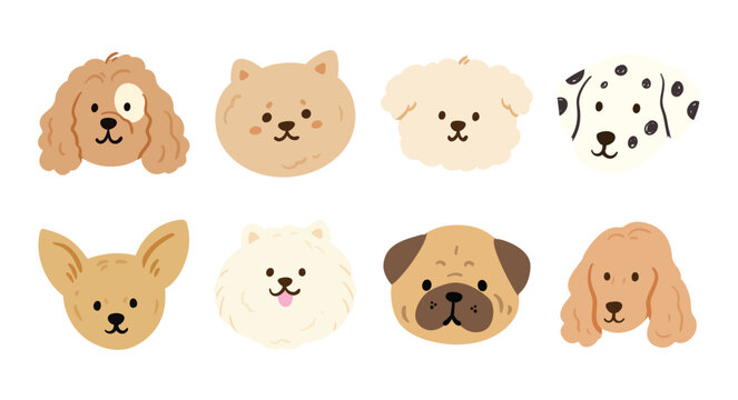 Cute Dog Faces Hand Drawn Flat Vector Illustration Set