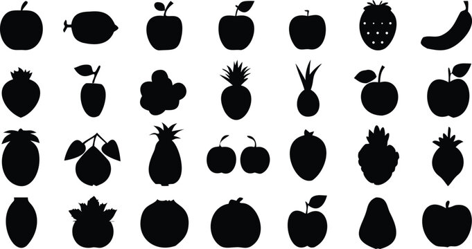 Collection of Various Fruit Icons in Line Art Style for Digital Design