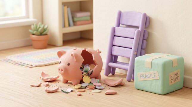 Bankruptcy and Job Loss Amid Rising Prices, Broken piggy bank with spilled coins next to a moving box, symbolizing financial strain or new home.