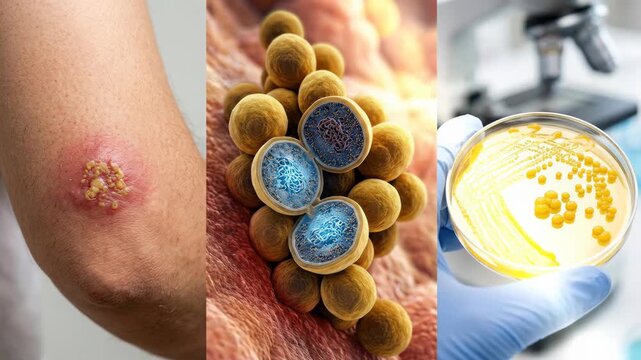 Pathogen investigation reveal: Staphylococcus cell examine, human skin lesion develop, laboratory sample grow, infection cause study, diagnosis method find.