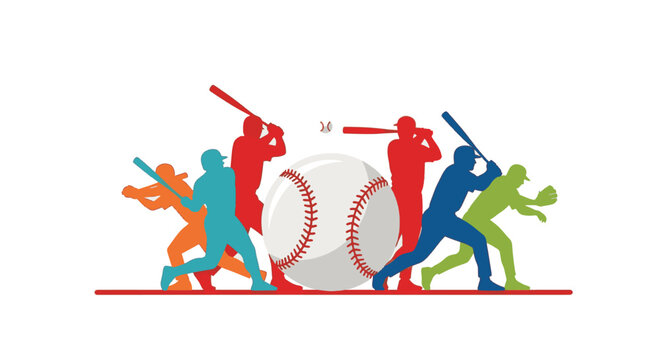 Baseball player silhouettes in vibrant orange, blue, red, and green showing batting and fielding poses with a large central baseball with red stitching on a white background.
