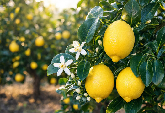 lemons hanging from a tree with green leaves and white flowers in a sunny orchard