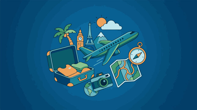 Vacation and travel collage with airplane suitcase and landmarks