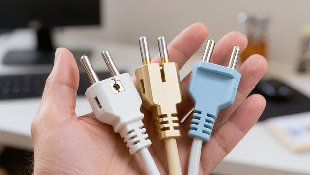 A hand holding three different colored electric power plugs. Concept of electrical accessories, home appliances, power connection, hardware, and electrical maintenance