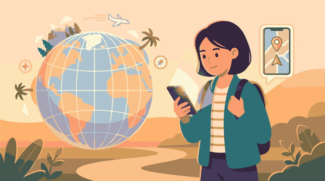 Young traveler using phone with globe map plane and compass