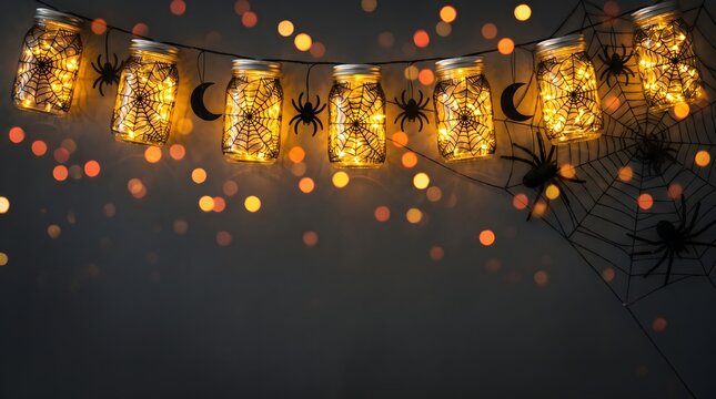 Halloween mason jar spider web string lights with black spiders and moon decorations