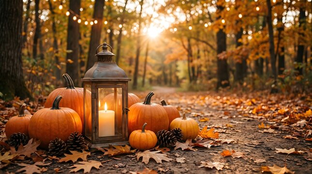 Cozy autumnal scene with pumpkins and lantern in a forest