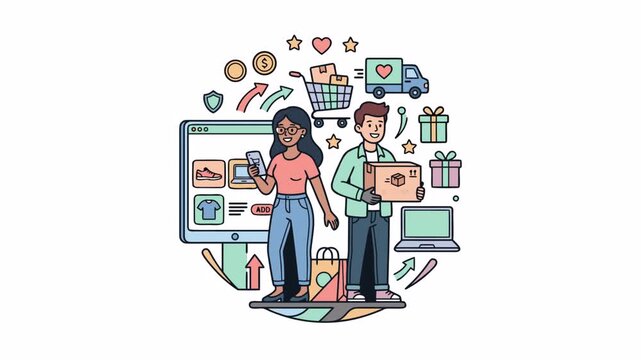 Two people standing amidst various shopping and delivery icons and gifts. online shopping. e-commerce