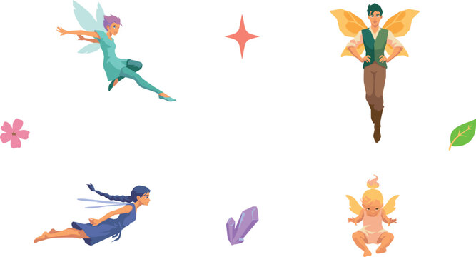 Magical Fairy Characters Vector Illustration Set Featuring Flying Pixie Men, Women, and Baby with Wings, Crystal, Star, Flower, and Leaf Icons