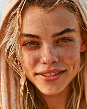 A radiant woman smiles warmly, her face close-up, with wet hair and a soft towel around her shoulders, illuminated by warm sunlight.