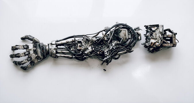Inquadratura di braccio robotico umanoide gravemente danneggiato posato su una superficie bianca, primo piano con vista da sopra