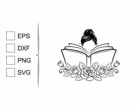 Woman reading book with flowers, black and white illustration