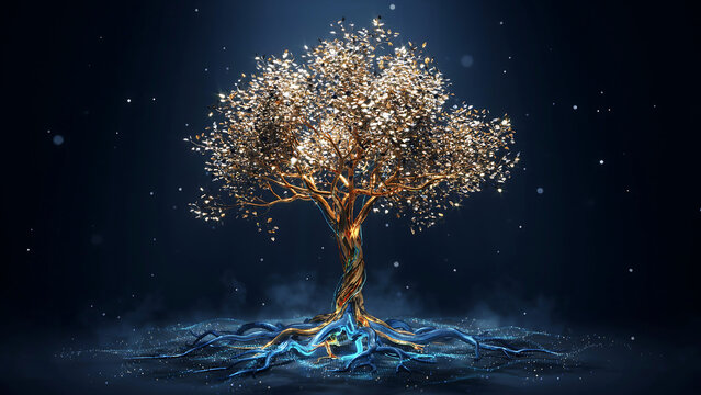 Metallic golden tree with realistic leaves standing on glowing blue digital roots against dark night sky background art.