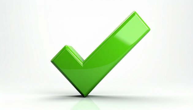A glossy three dimensional green check mark icon isolated on a clean white background representing success and approval for business concepts.
