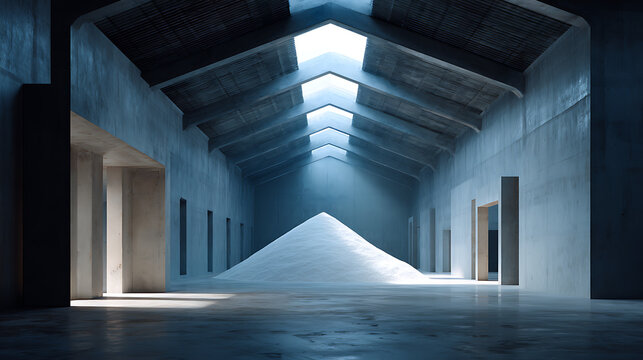 large pile of grain stored inside concrete warehouse with skylight illuminating industrial storage facility interior