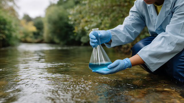 scientist wearing gloves collecting water sample in glass jar from river for environmental testing and research