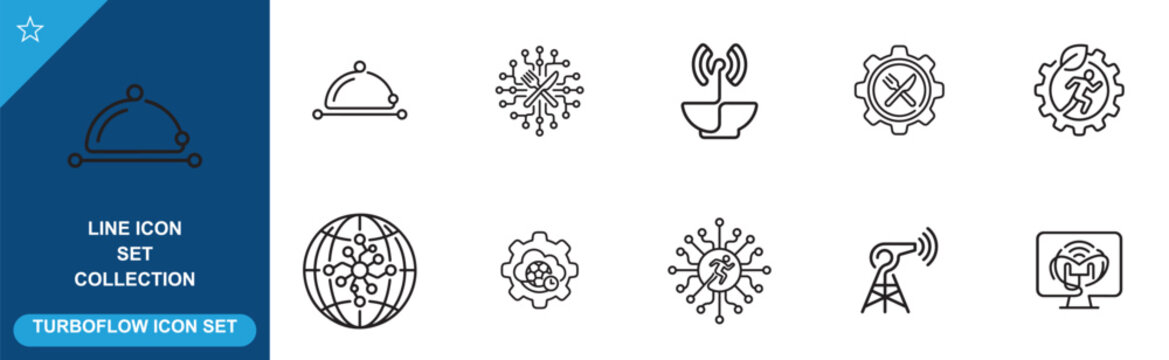 Line icon set collection featuring food delivery, global connectivity, and smart solutions.