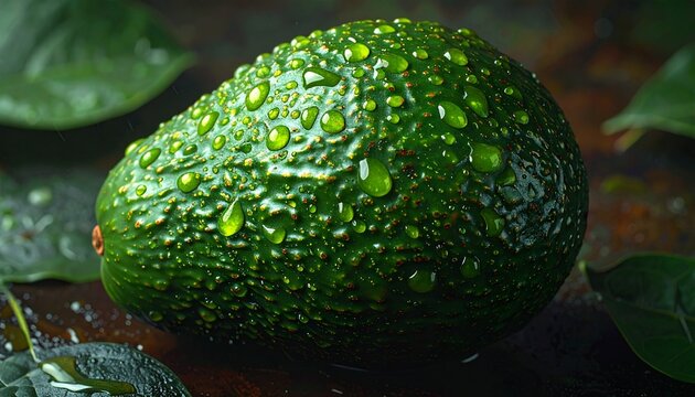 A fresh organic avocado with dew drops on its bumpy textured green skin reflecting light captured in a moody and cinematic lighting setup.
