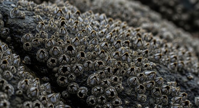 Close-up of barnacles clinging to a weathered wooden surface, showcasing their intricate textures and patterns.
