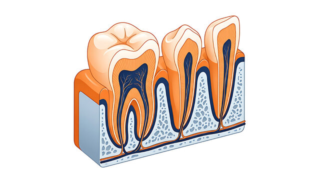 Detailed cross-sectional illustration of human teeth including enamel dentin and pulp showing dental anatomy and structure