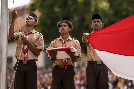Indonesian Independence Day Flag Raising Ceremony with Three Boy Scouts, Solemn Indonesian Scout Raising Merdeka Flag on 17 Agustus, Hari Pramuka and Kemerdekaan RI Realistic Cinematic Photo