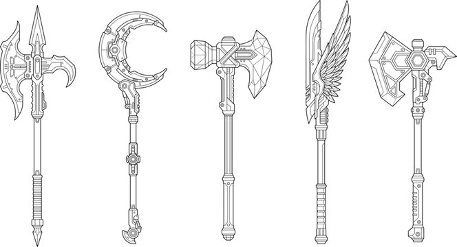 Futuristic fantasy melee weapon concept art with axe, hammer, and polearm designs in detailed black line illustration