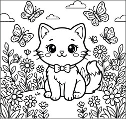 Fototapeta premium Cute kitten with flowers and butterflies coloring page