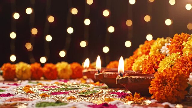 Traditional Diwali Diyas with Marigold Flowers | Festive Indian Festival Lights