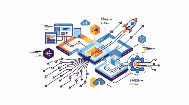 Stylized isometric illustration of a technology network with a rocket launch