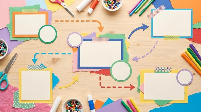 Crafting and creativity visual organization with colorful supplies and blank spaces