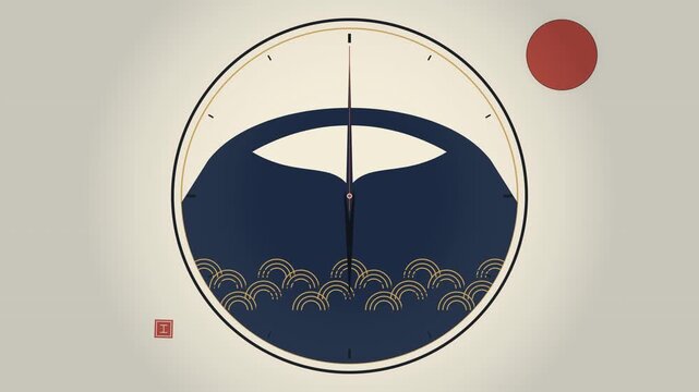 Minimalist Japanese Style Clock Animation with Moving Hands and Wave Art