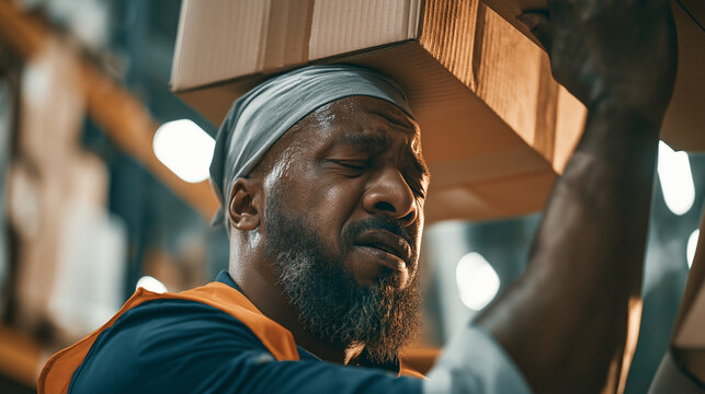 A hardworking man with a beard, visibly sweating and grimacing from exertion, carries a heavy cardboard box on his head in a challenging work environment.