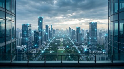 Obraz premium Futuristic city network overlay with glowing blue nodes