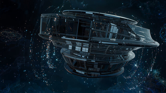 Futuristic Space Station: A sleek, futuristic space station, illuminated by numerous lights, floats majestically in the vast expanse of the cosmos, surrounded by swirling nebulae and distant galaxies.