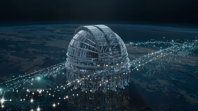 Orbital Habitat: A futuristic, spherical space station orbits the Earth, illuminated by the faint glow of city lights and connected by a network of energy conduits, hinting at advanced civilization.