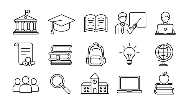 Education and Online Learning Line Icons Set &ndash; School, University, Books, Graduation and Study Outline Vector Collection